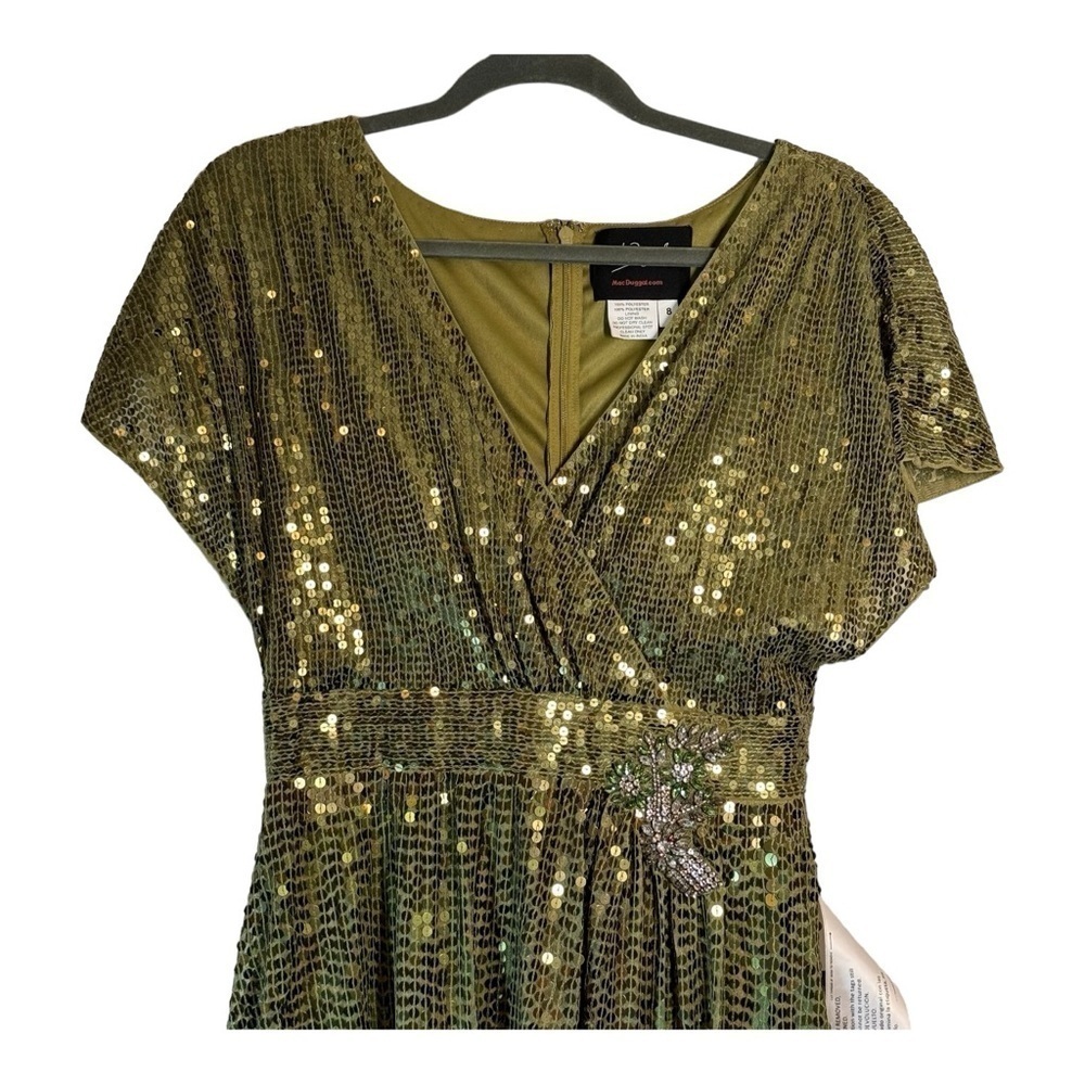 Mac Duggal Sequined Butterfly Sleeve Wrap Over A Line Gown in Olive NWT - Picture 4 of 8